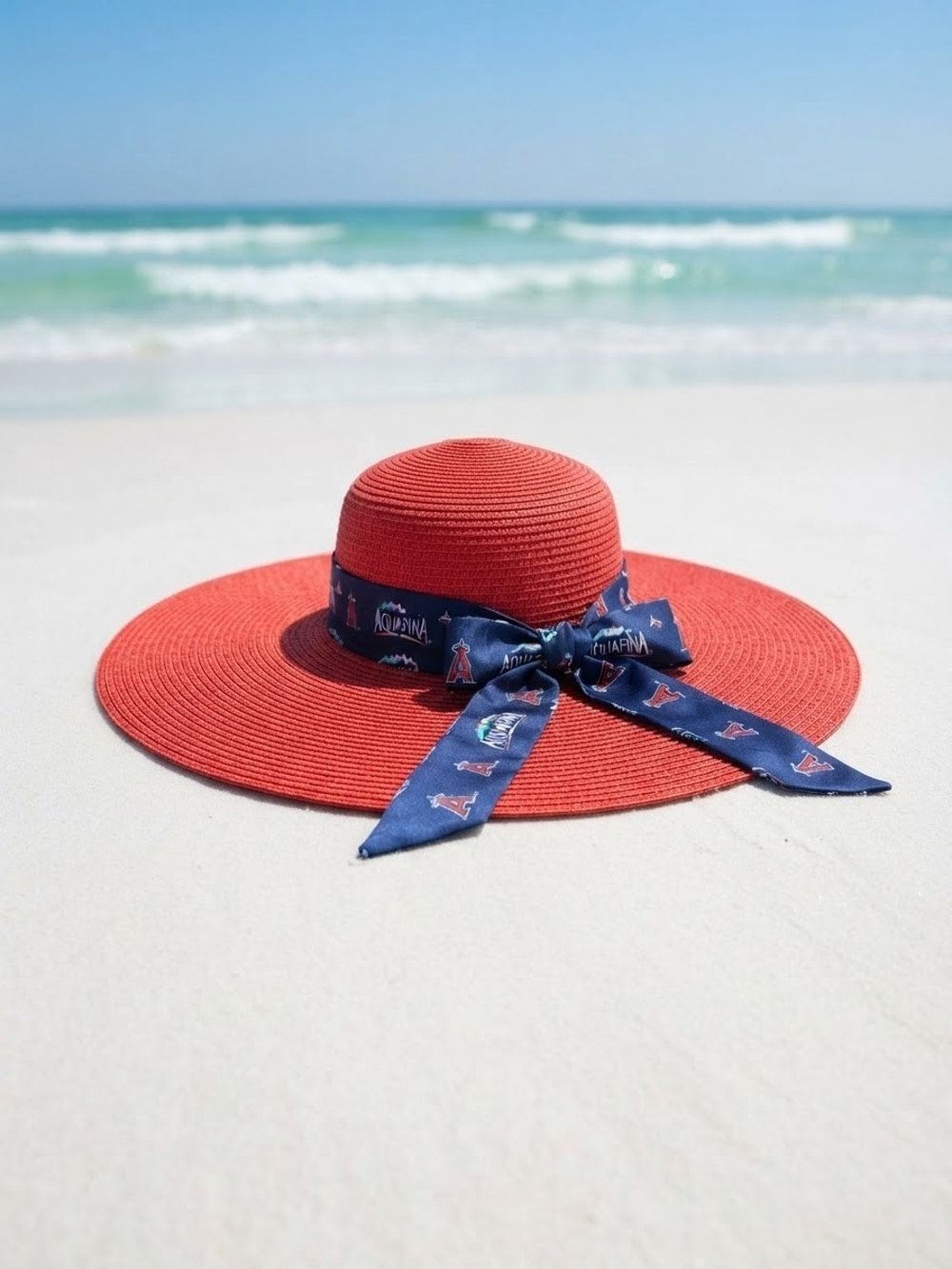 Red Wide-Brim Sun Hat with Navy Scarf Accent
